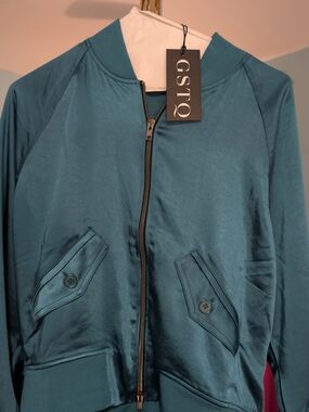 GSTQ Satin Bomber Jacket in Teal - NWT